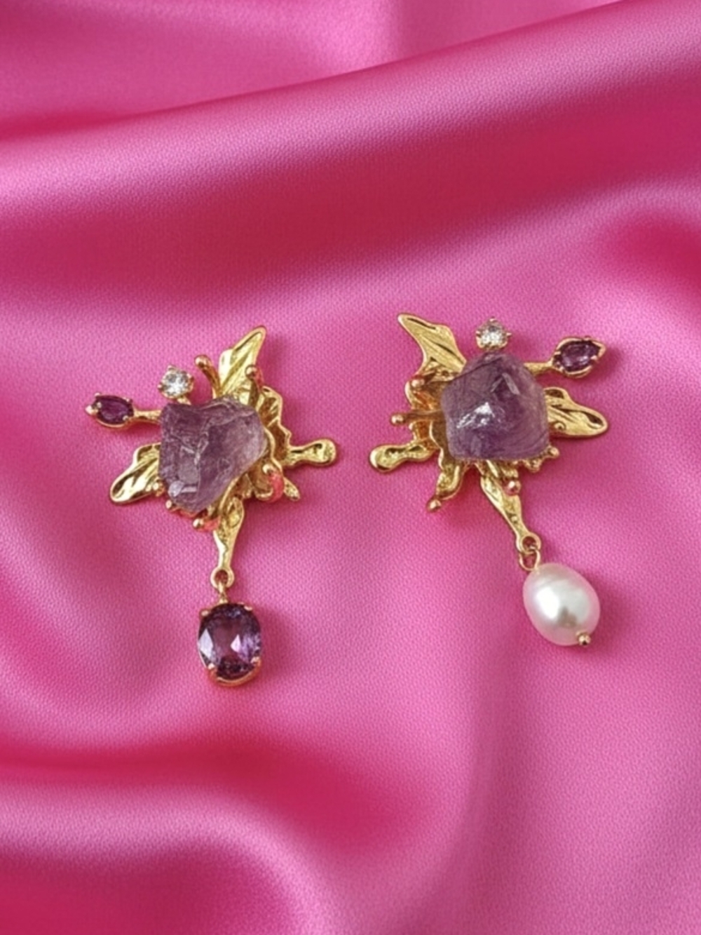 18K Gold-Plated Amethyst Assymetrical Crystal Pearl Drop Earrings -Women Jewelry